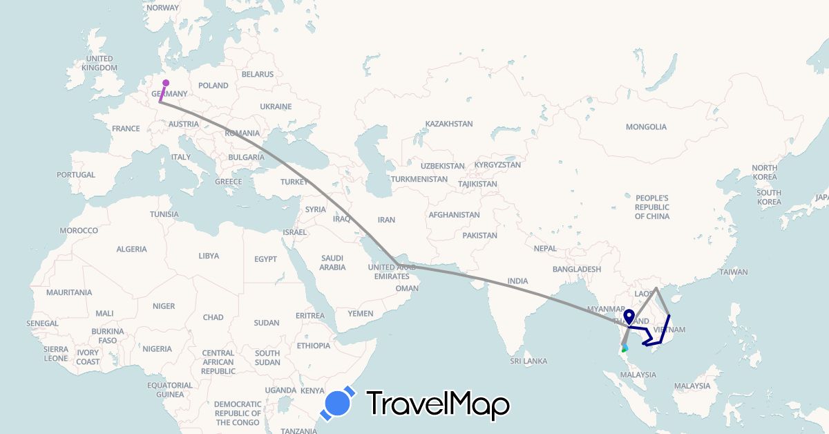 TravelMap itinerary: driving, bus, plane, train, boat in United Arab Emirates, Germany, Cambodia, Thailand, Vietnam (Asia, Europe)